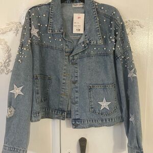 Pearl blinged deconstructed denim jean jacket. SZ XL. NWT